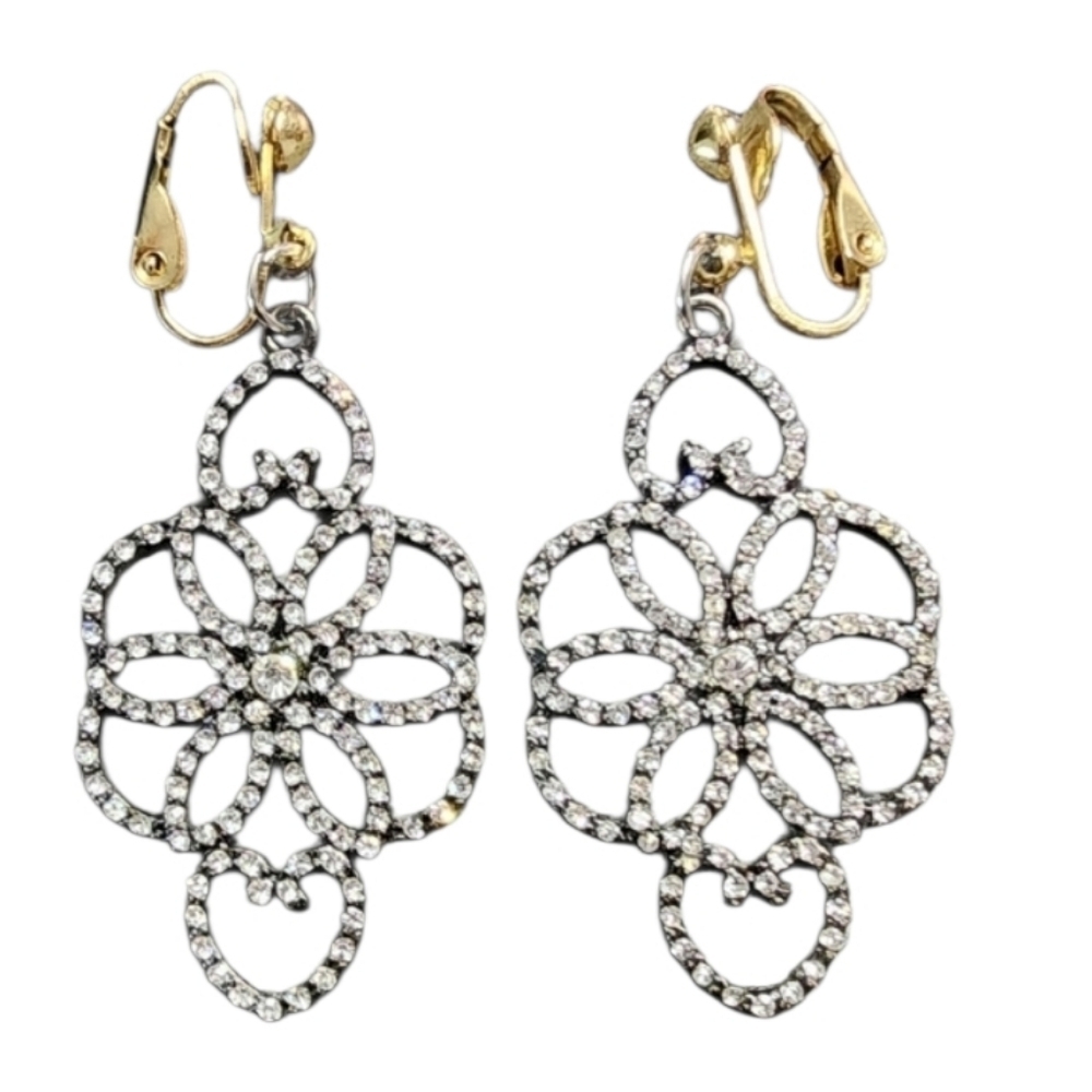 Goldtone and Black Clip On Earrings with Rhinestones